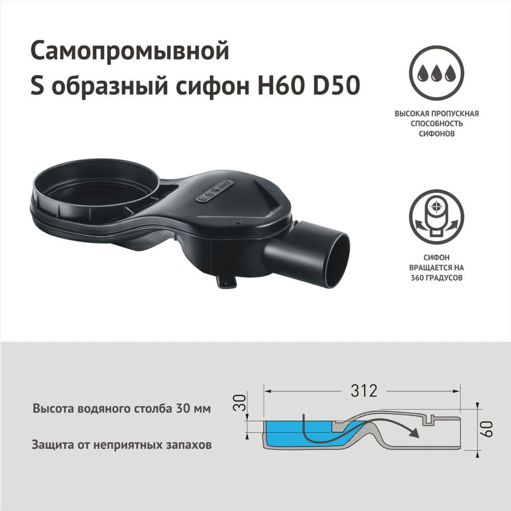 Изображение товара Желоб BERGES водосток SUPER Slim 400, хром глянец, S-сифон D50 H60 боковой от магазина N&M Home