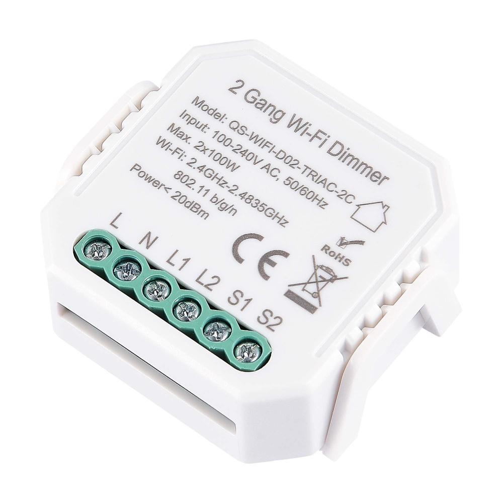 Изображение товара ST9000.500.02CDIM WI-FI диммируемое реле 2 канала 2x100W, IP20, L46xW46xH18, 230V, Белый от магазина N&M Home