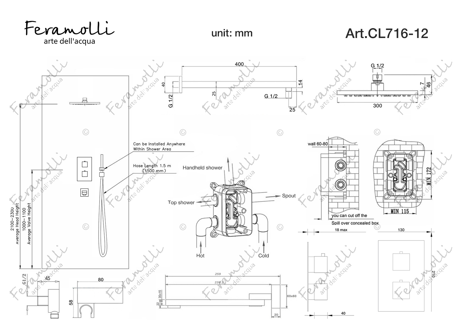 Изображение товара Душевой комплект с термостатом Feramolli Termostato CL716-12 (30см.), хром от магазина N&M Home