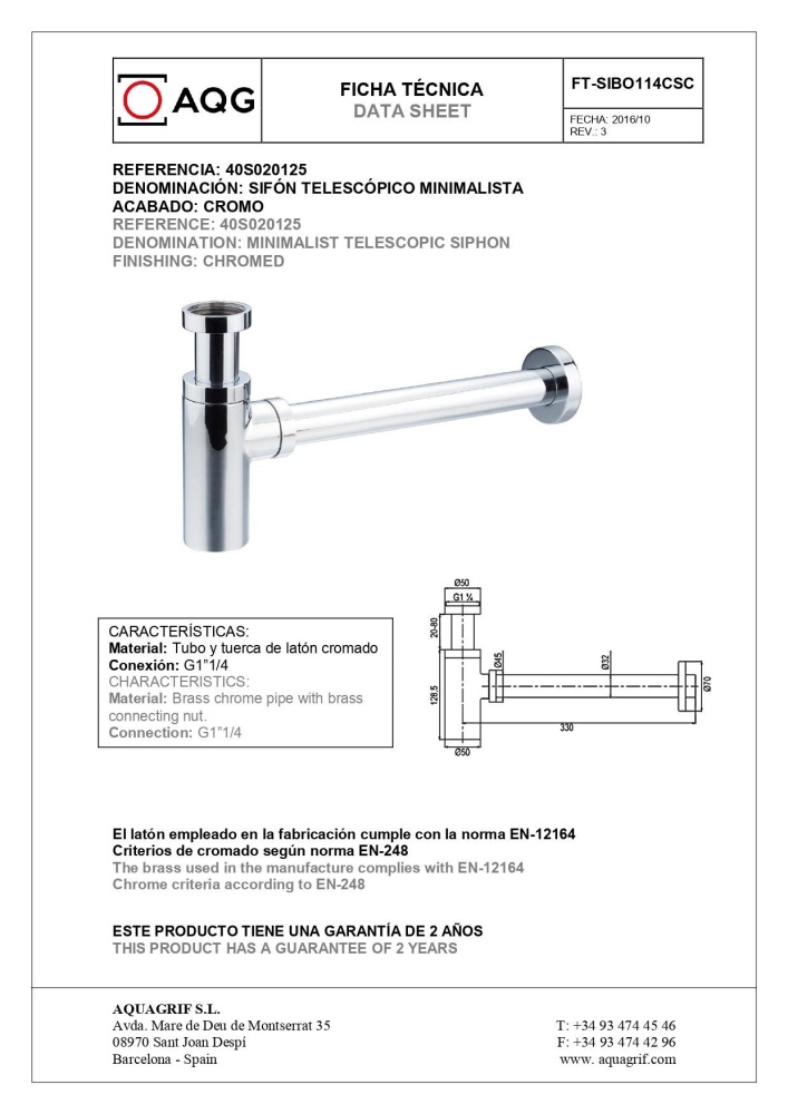 Изображение товара AQG, круглый сифон MINIMALISTA 1”1/4 из латуни, цвет хром от магазина N&M Home