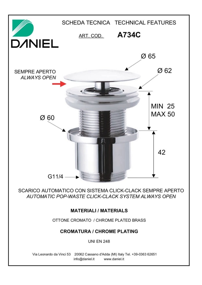 Изображение товара Daniel, донный клапан click-clack 1"1/4 с коротким стаканом, цвет хром от магазина N&M Home